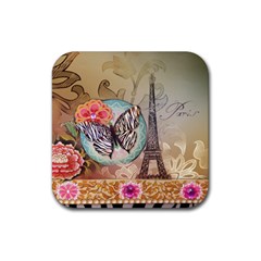 Fuschia Flowers Butterfly Eiffel Tower Vintage Paris Fashion Drink Coaster (square) by chicelegantboutique