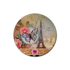 Fuschia Flowers Butterfly Eiffel Tower Vintage Paris Fashion Drink Coaster (round) by chicelegantboutique
