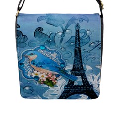 Girly Blue Bird Vintage Damask Floral Paris Eiffel Tower Flap Closure Messenger Bag (large) by chicelegantboutique