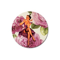 Cute Purple Dress Pin Up Girl Pink Rose Floral Art Magnet 3  (round) by chicelegantboutique