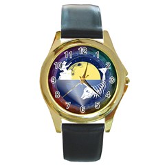 Fishing Dead Round Leather Watch (gold Rim)  by Contest1763580