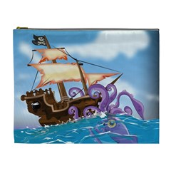 Pirate Ship Attacked By Giant Squid Cartoon Cosmetic Bag (xl) by NickGreenaway