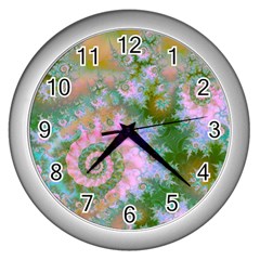 Rose Forest Green, Abstract Swirl Dance Wall Clock (silver) by DianeClancy