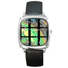 Black Window With Colorful Tiles Square Metal Watches by digitaldivadesigns