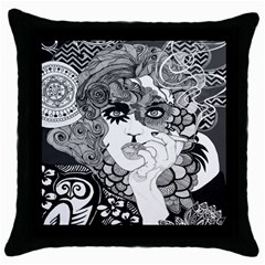 Vintage Smoking Woman Black Throw Pillow Case by DryInk