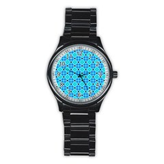 Vibrant Modern Abstract Lattice Aqua Blue Quilt Stainless Steel Round Watch by DianeClancy