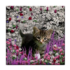 Emma In Flowers I, Little Gray Tabby Kitty Cat Face Towel by DianeClancy