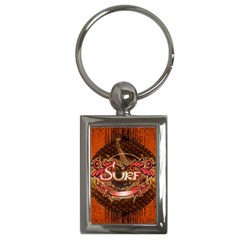 Surfing, Surfboard With Floral Elements  And Grunge In Red, Black Colors Key Chains (rectangle)  by FantasyWorld7