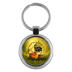 Halloween, Funny Pumpkins And Skull With Spider Key Chains (round)  by FantasyWorld7