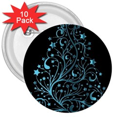 Elegant Blue Christmas Tree Black Background 3  Buttons (10 Pack)  by yoursparklingshop