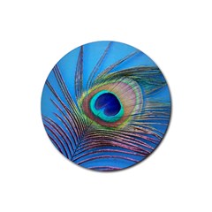 Peacock Feather Blue Green Bright Rubber Coaster (round)  by Amaryn4rt