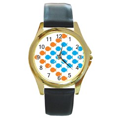 Fish Arrow Orange Blue Round Gold Metal Watch by Alisyart