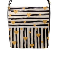 Black Lines And Golden Hearts Pattern Flap Messenger Bag (l)  by TastefulDesigns
