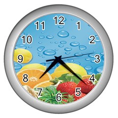 Fruit Water Bubble Lime Blue Wall Clocks (silver)  by Alisyart