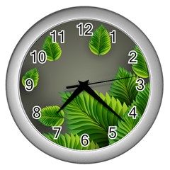 Leaf Green Grey Wall Clocks (silver)  by Mariart