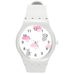 Raining Cats Dogs White Pink Cloud Rain Round Plastic Sport Watch (m) by Mariart