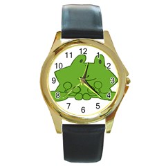 Illustrain Frog Animals Green Face Smile Round Gold Metal Watch by Mariart