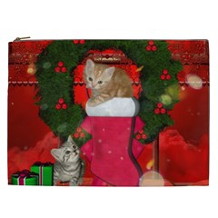 Christmas, Funny Kitten With Gifts Cosmetic Bag (xxl)  by FantasyWorld7