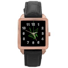 Origami Light Bird Neon Green Black Rose Gold Leather Watch  by Mariart