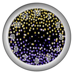 Space Star Light Gold Blue Beauty Black Wall Clocks (silver)  by Mariart