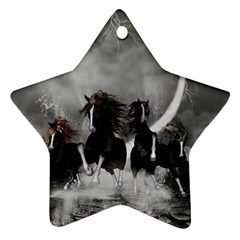 Awesome Wild Black Horses Running In The Night Ornament (star) by FantasyWorld7