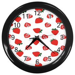 Red Fruit Strawberry Pattern Wall Clocks (black) by Mariart