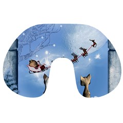 Christmas, Cute Cats Looking In The Sky To Santa Claus Travel Neck Pillows by FantasyWorld7