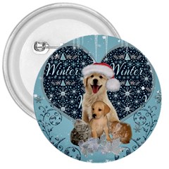 It s Winter And Christmas Time, Cute Kitten And Dogs 3  Buttons by FantasyWorld7