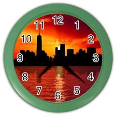 Skyline New York City Sunset Dusk Color Wall Clocks by Simbadda