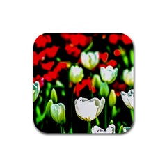 White And Red Sunlit Tulips Rubber Square Coaster (4 Pack)  by FunnyCow