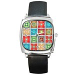 Tiles Pattern Background Colorful Square Metal Watch Front