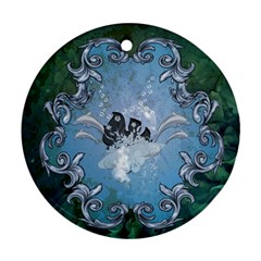 Surfboard With Dolphin Round Ornament (two Sides) by FantasyWorld7