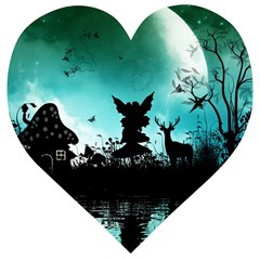 Litte Fairy With Deer In The Night Wooden Puzzle Heart by FantasyWorld7