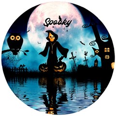 Funny Halloween Design With Skeleton, Pumpkin And Owl Wooden Puzzle Round by FantasyWorld7