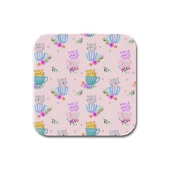 Cute Cat Coffee Cup Morning Times Seamless Pattern Rubber Square Coaster (4 Pack)  by Vaneshart