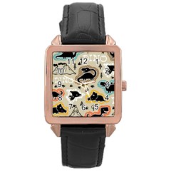 Seamless Pattern With Dinosaurs Silhouette Rose Gold Leather Watch  by Vaneshart