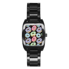 Colorful Donut Seamless Pattern On Black Vector Stainless Steel Barrel Watch by Sobalvarro