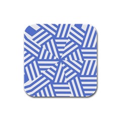Geometric Blue And White Lines, Stripes Pattern Rubber Square Coaster (4 Pack)  by Casemiro
