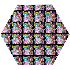 Blue Haired Girl Pattern Black Wooden Puzzle Hexagon by snowwhitegirl