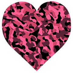 Black And Pink Camouflage Pattern Wooden Puzzle Heart by SpinnyChairDesigns