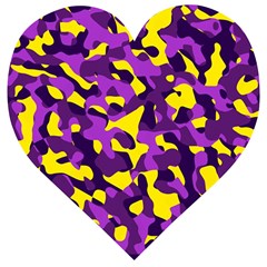 Purple And Yellow Camouflage Pattern Wooden Puzzle Heart by SpinnyChairDesigns