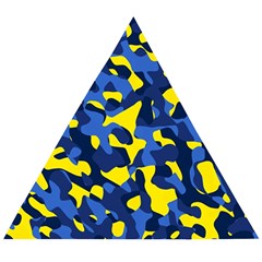 Blue And Yellow Camouflage Pattern Wooden Puzzle Triangle by SpinnyChairDesigns