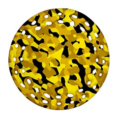 Black And Yellow Camouflage Pattern Round Filigree Ornament (two Sides) by SpinnyChairDesigns