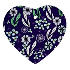 Floral Blue Pattern  Heart Ornament (two Sides) by MintanArt