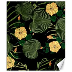 Tropical Vintage Yellow Hibiscus Floral Green Leaves Seamless Pattern Black Background  Canvas 20  X 24  by Sobalvarro