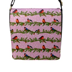 Bullfinches Sit On Branches On A Pink Background Flap Closure Messenger Bag (l) by SychEva