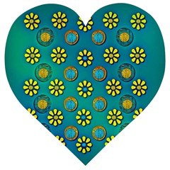 Yellow And Blue Proud Blooming Flowers Wooden Puzzle Heart by pepitasart