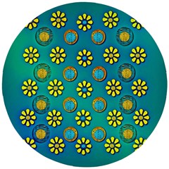 Yellow And Blue Proud Blooming Flowers Wooden Puzzle Round by pepitasart