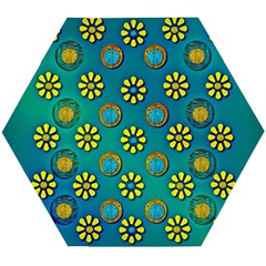Yellow And Blue Proud Blooming Flowers Wooden Puzzle Hexagon by pepitasart