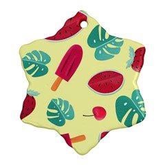 Watermelon Leaves Cherry Background Pattern Snowflake Ornament (two Sides) by nate14shop